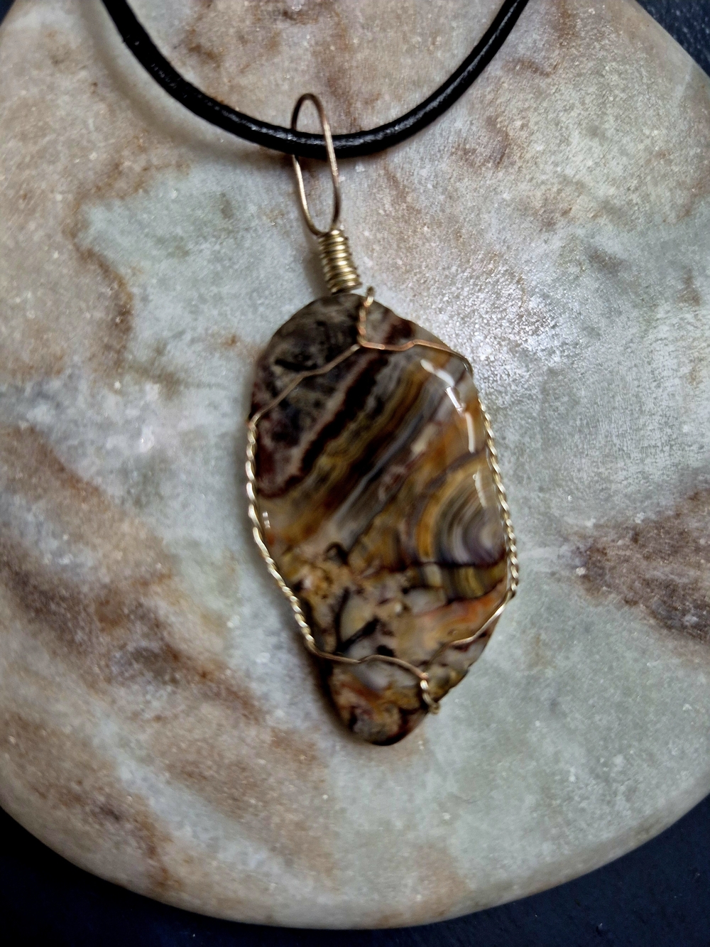 Handcrafted Multi-Colored Onyx Agate Wire-Wrapped Pendant Necklace, Leather Cord